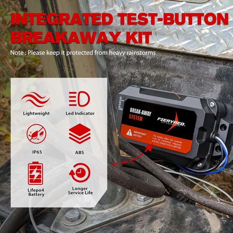 FIERYRED Test-Button Trailer Breakaway Kit with LiFePO4 Battery and Charger, Integrated 4AH Battery Emergency Break-Away Controller, LED Indicator - Image 4